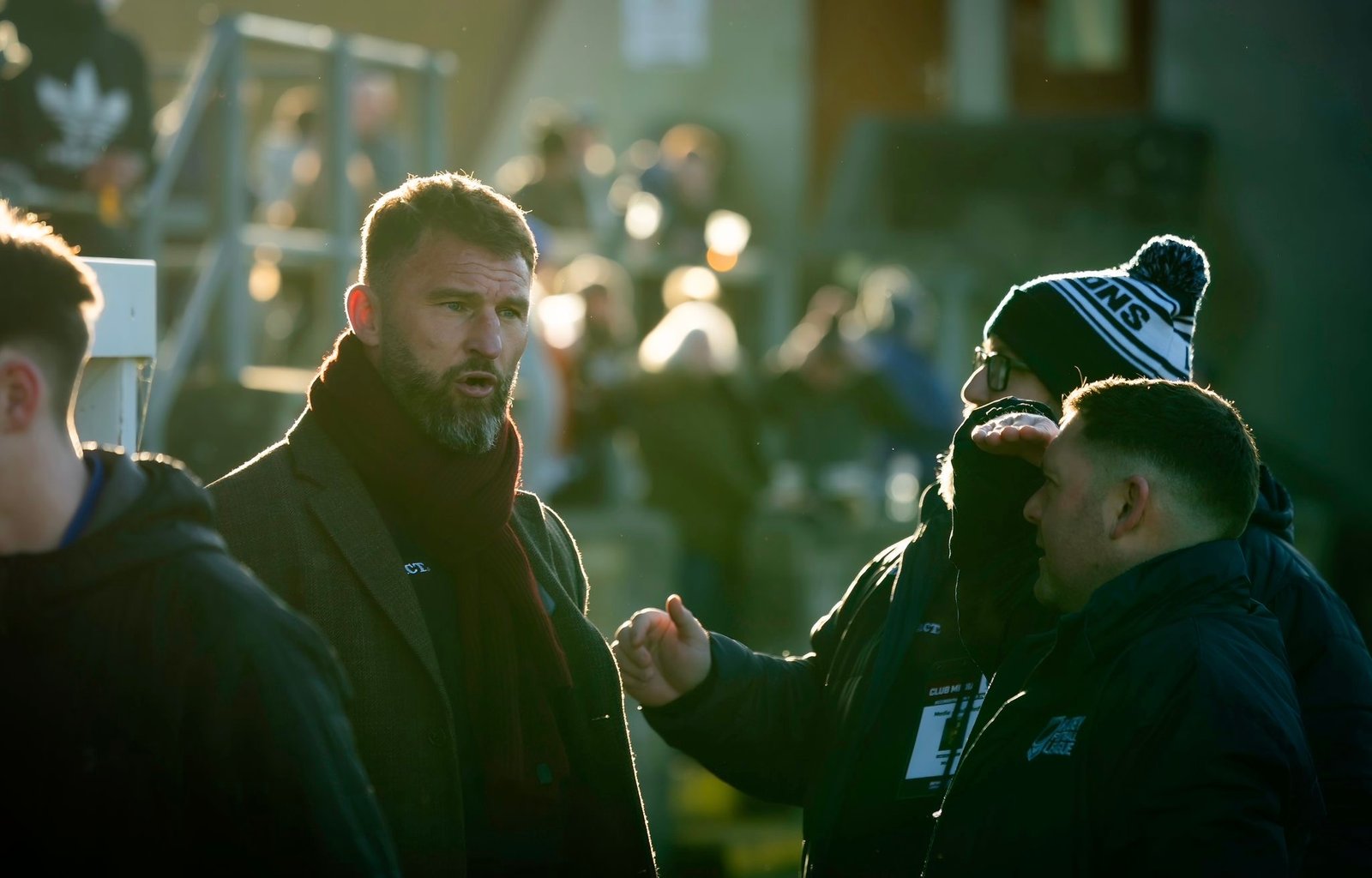 Paul Wood Manager talking to his coaches on match day